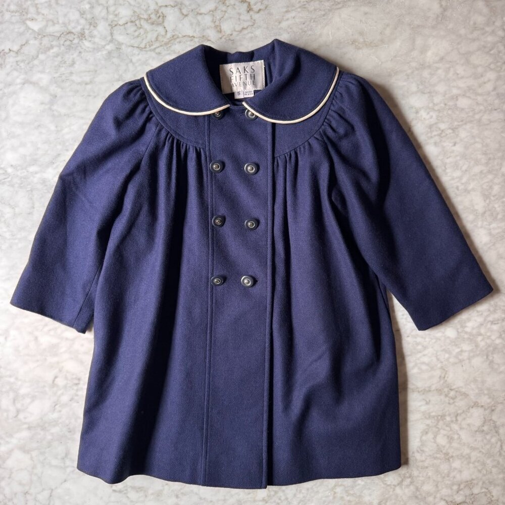 Vintage Saks Fifth Avenue Girls Wool Coat Navy Blue 80s 90s USA Peter Pan Collar